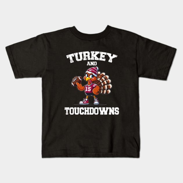 Turkey And Touchdowns Turkey With Helmet Holding A Football Kids T-Shirt by Swagmart